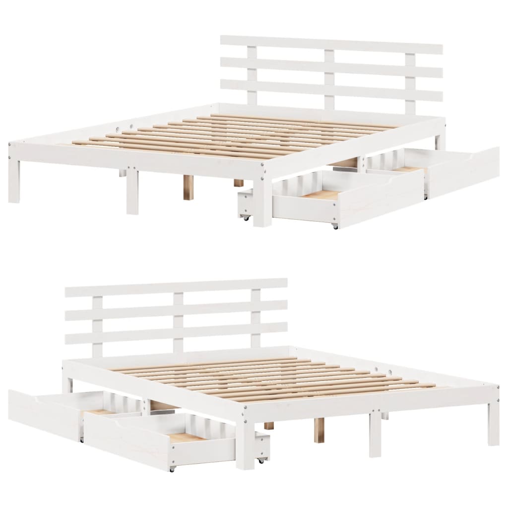 Bedframe met lades massief grenenhout wit 150x200 cm