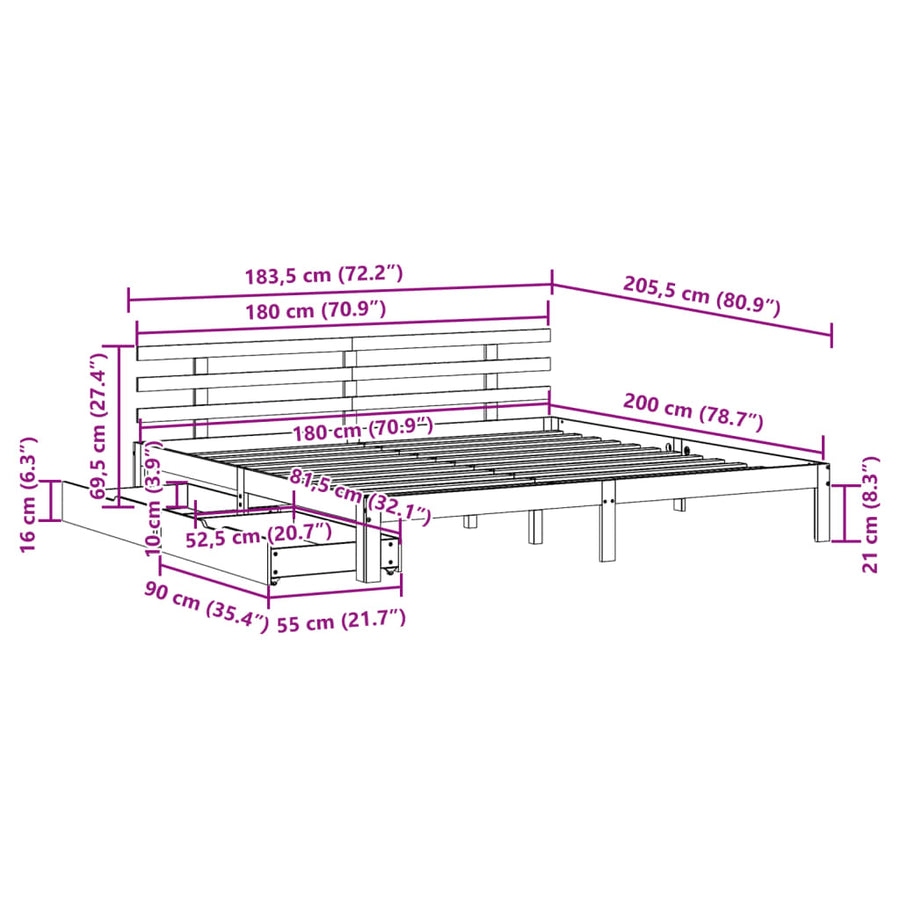 Bedframe met lades massief grenenhout wit 180x200 cm