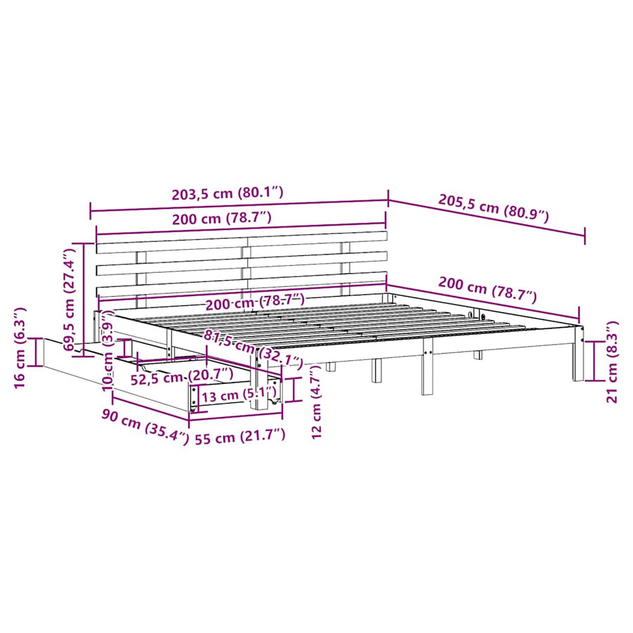Bedframe Met Lades Massief Grenenhout 200 x 200 cm Wit