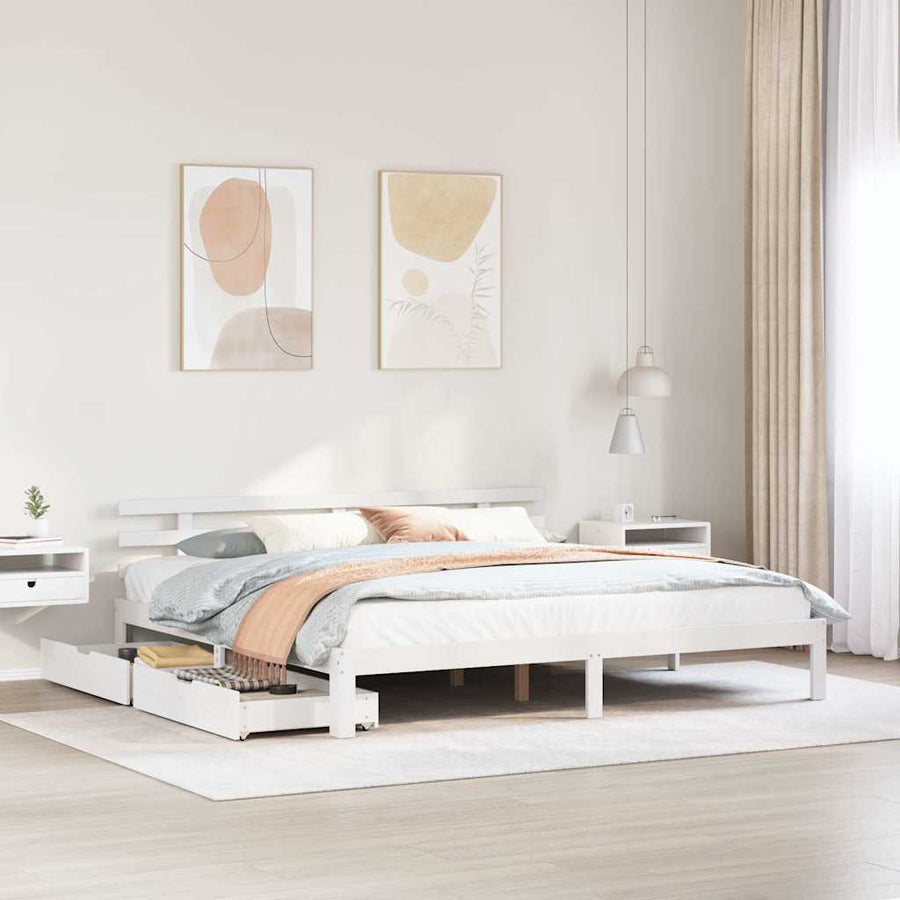 Bedframe Met Lades Massief Grenenhout 200 x 200 cm Wit