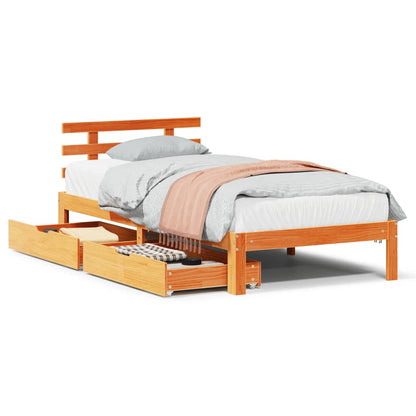 Bedframe met lades massief grenenhout wasbruin 75x190 cm