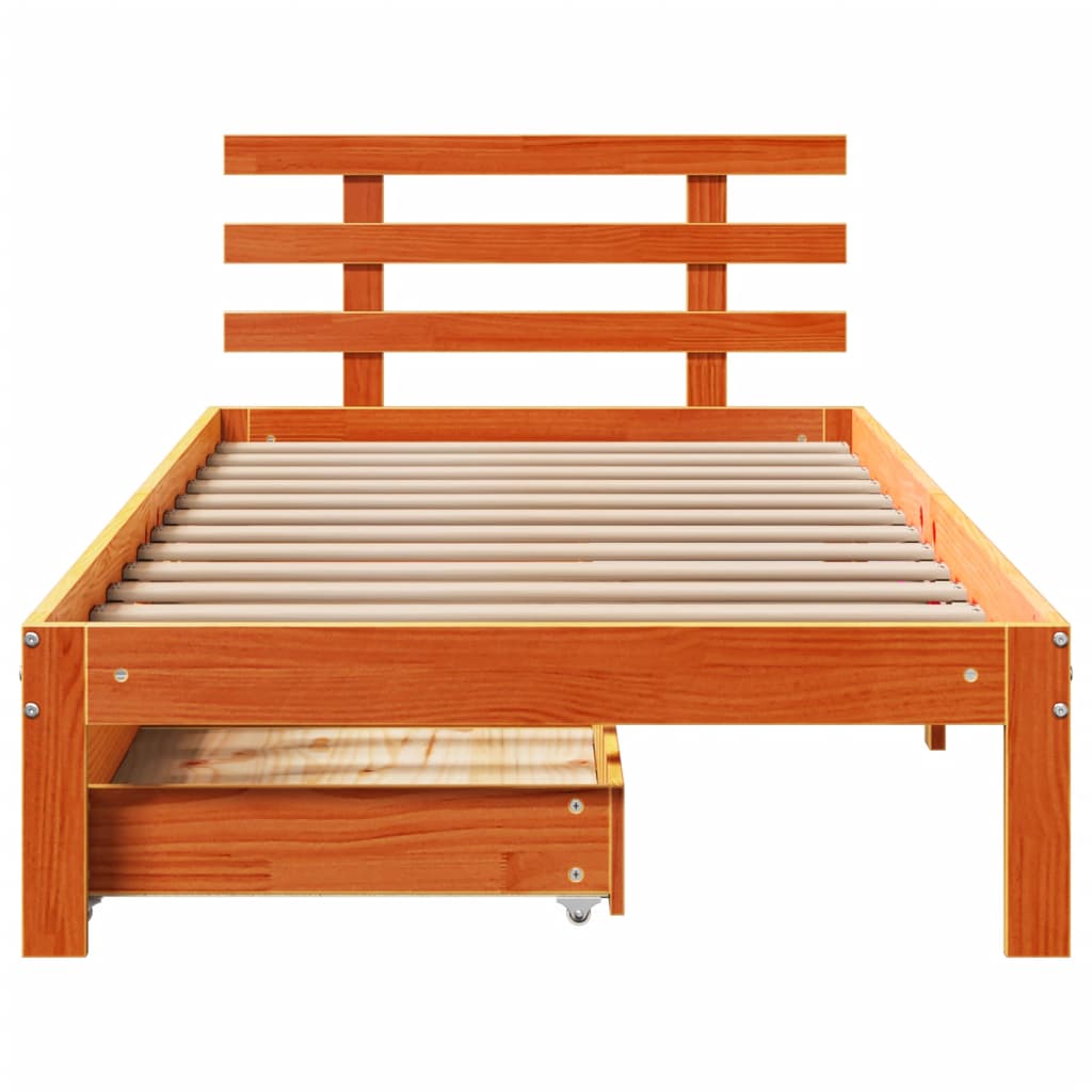 Bedframe met lades massief grenenhout wasbruin 75x190 cm