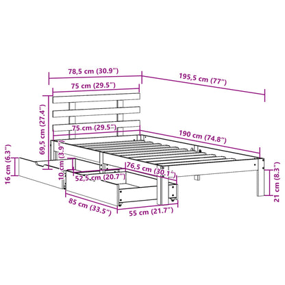 Bedframe met lades massief grenenhout wasbruin 75x190 cm