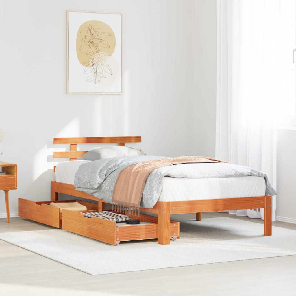 Bedframe met lades massief grenenhout wasbruin 75x190 cm