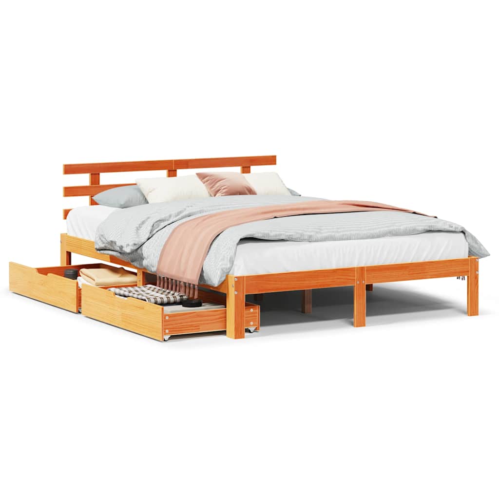 Bedframe met lades massief grenenhout wasbruin 120x190 cm