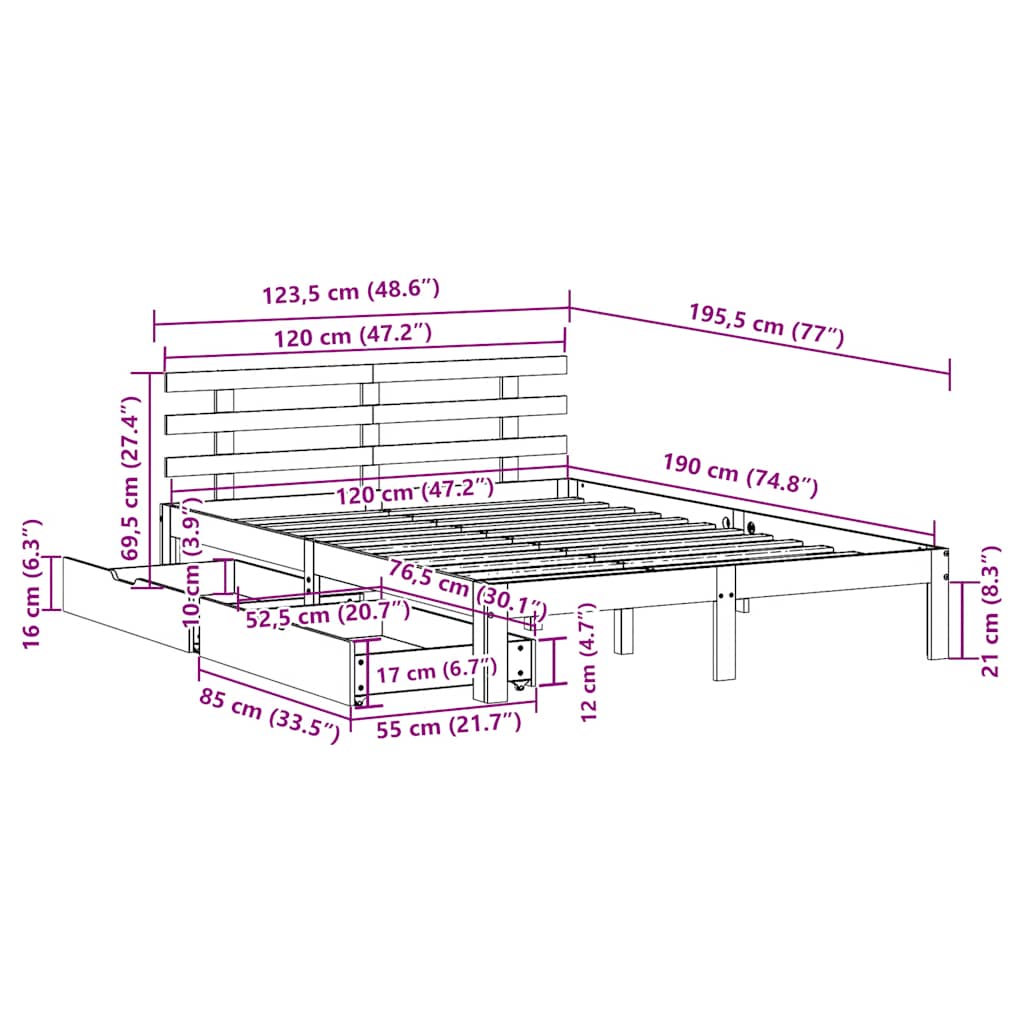 Bedframe met lades massief grenenhout wasbruin 120x190 cm