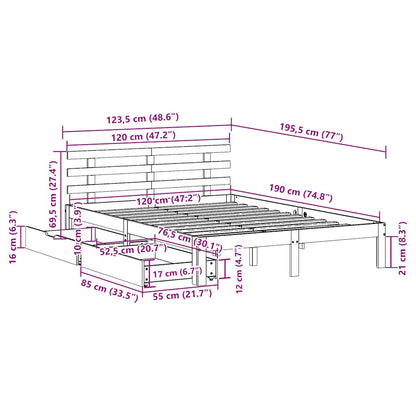 Bedframe met lades massief grenenhout wasbruin 120x190 cm