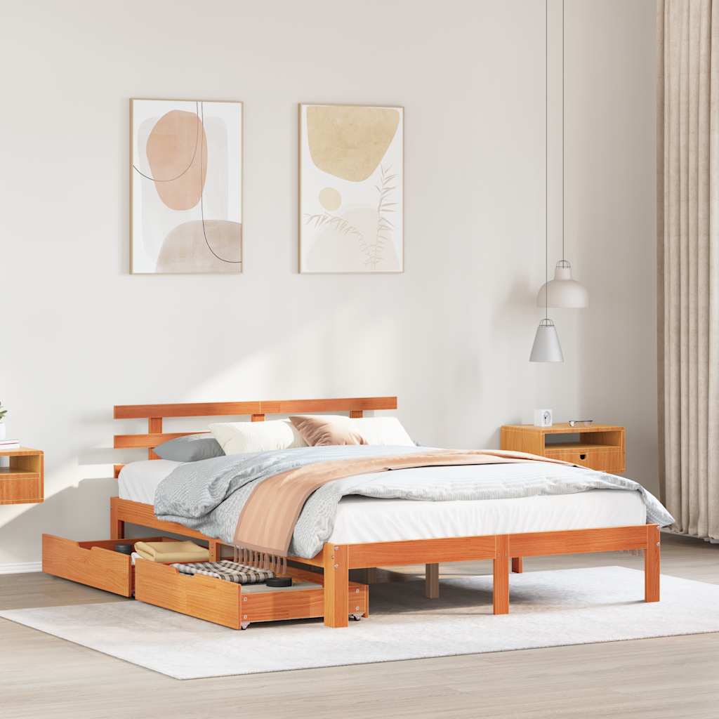 Bedframe met lades massief grenenhout wasbruin 120x190 cm