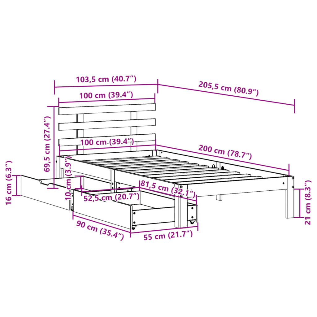 Bedframe met lades massief grenenhout wasbruin 100x200 cm