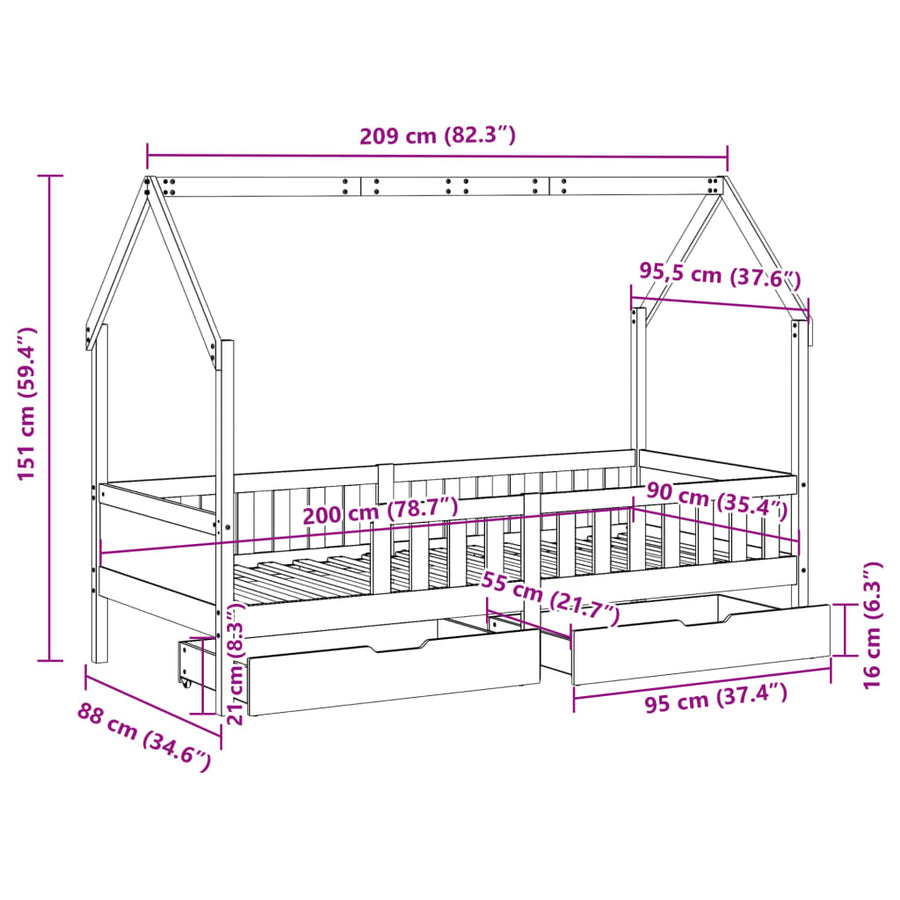 Kinderbedframe 90x200 cm massief grenenhout