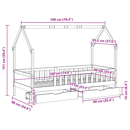 Kinderbedframe met lades 90x190 cm massief grenenhout