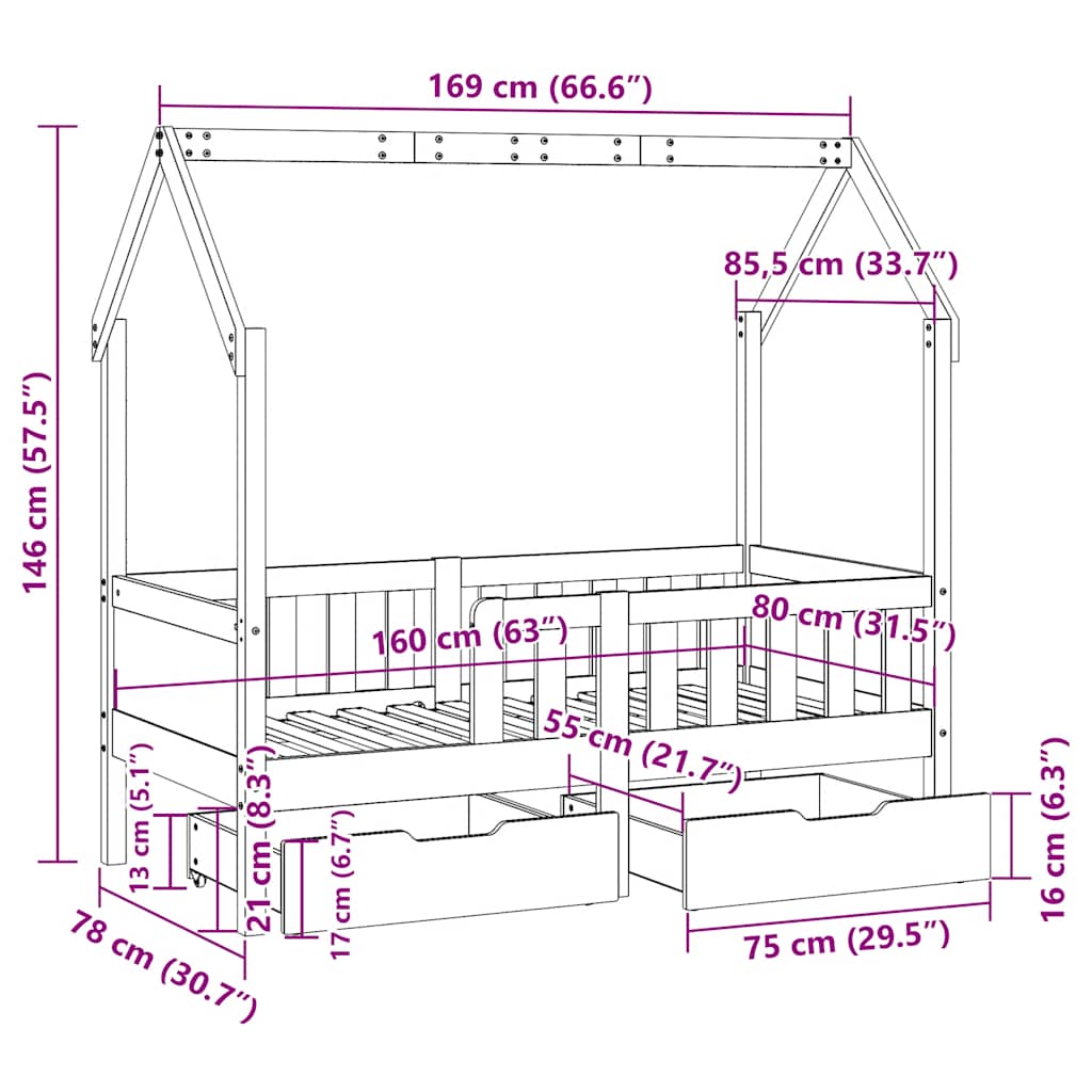 Kinderbedframe Met Lades Massief Grenenhout 80 x 160 cm Wit