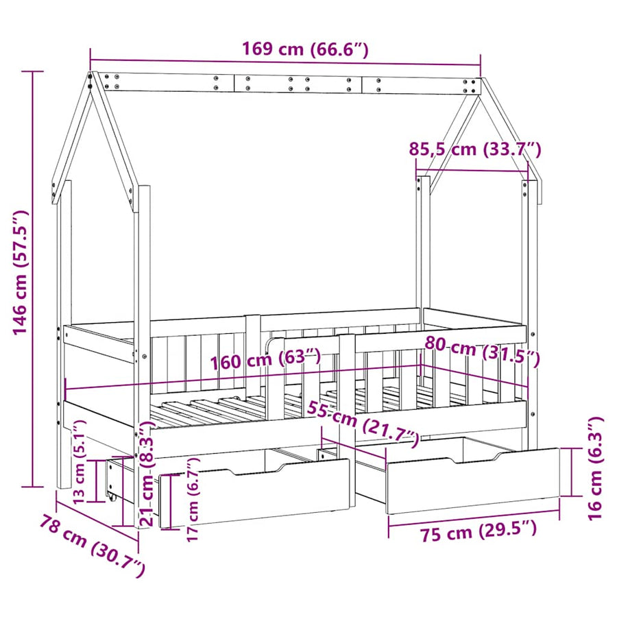 Kinderbedframe Met Lades Massief Grenenhout 80 x 160 cm Wit