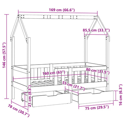 Kinderbedframe met lades 80x160 cm massief grenenhout