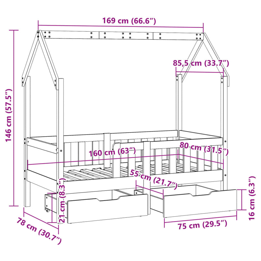 Kinderbedframe met lades 80x160 cm massief grenenhout