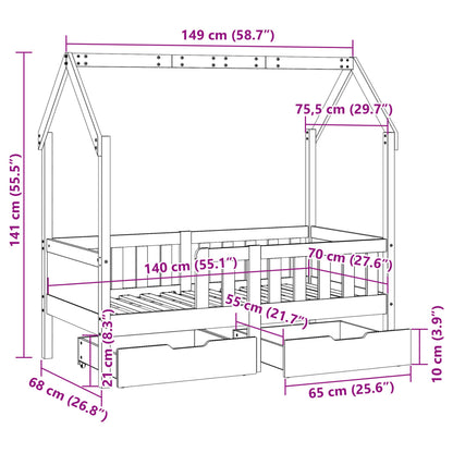 Kinderbedframe met lades 70x140 cm massief grenenhout