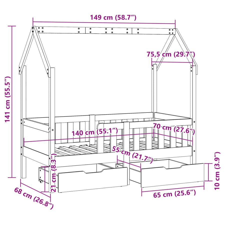 Kinderbedframe met lades 70x140 cm massief grenenhout