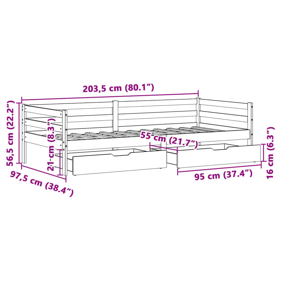 Slaapbank met lades 90x200 cm massief grenenhout wit