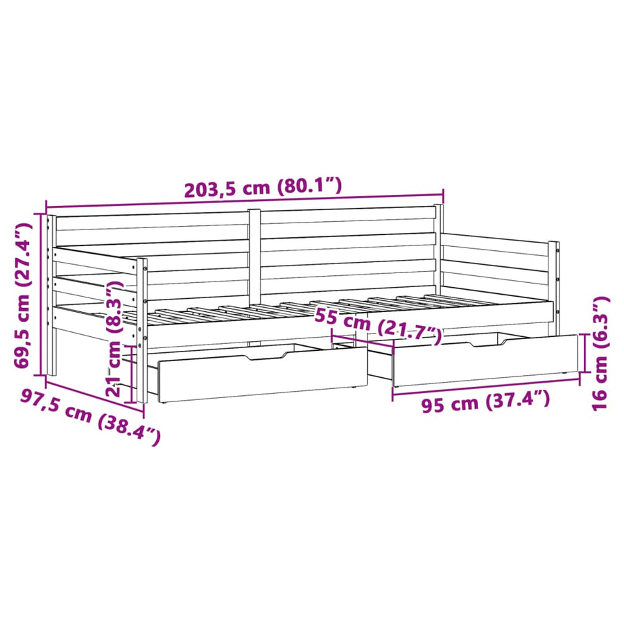 Slaapbank met lades 90x200 cm massief grenenhout wit