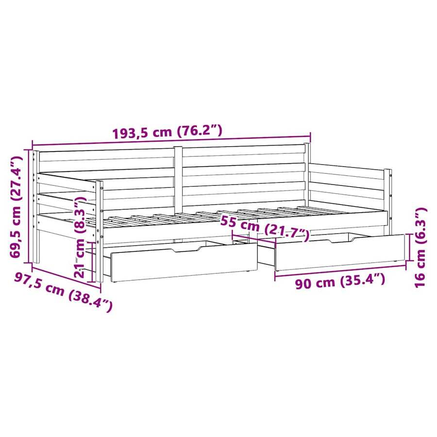Slaapbank met lades 90x190 cm massief grenenhout wit