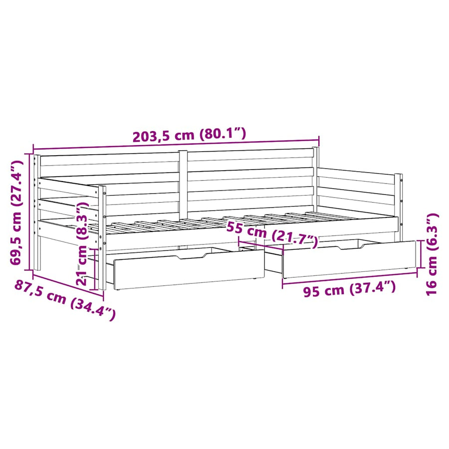 Slaapbank met lades 80x200 cm massief grenenhout wit
