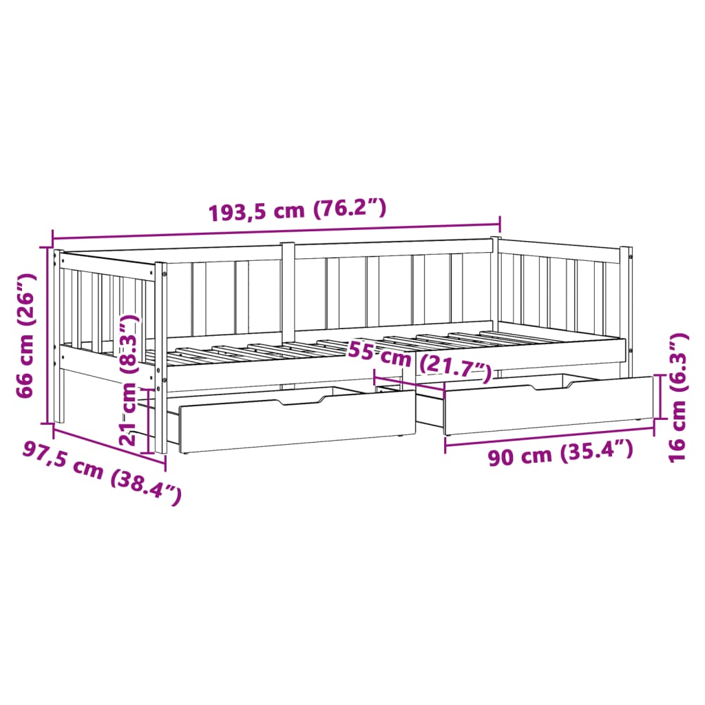 Slaapbank met lades 90x190 cm massief grenenhout wit