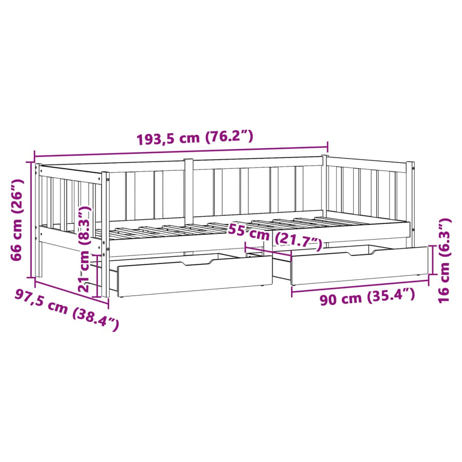 Slaapbank met lades 90x190 cm massief grenenhout wit