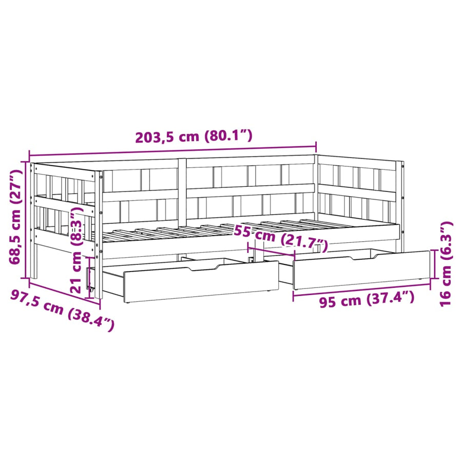Slaapbank met lades 90x200 cm massief grenenhout wit