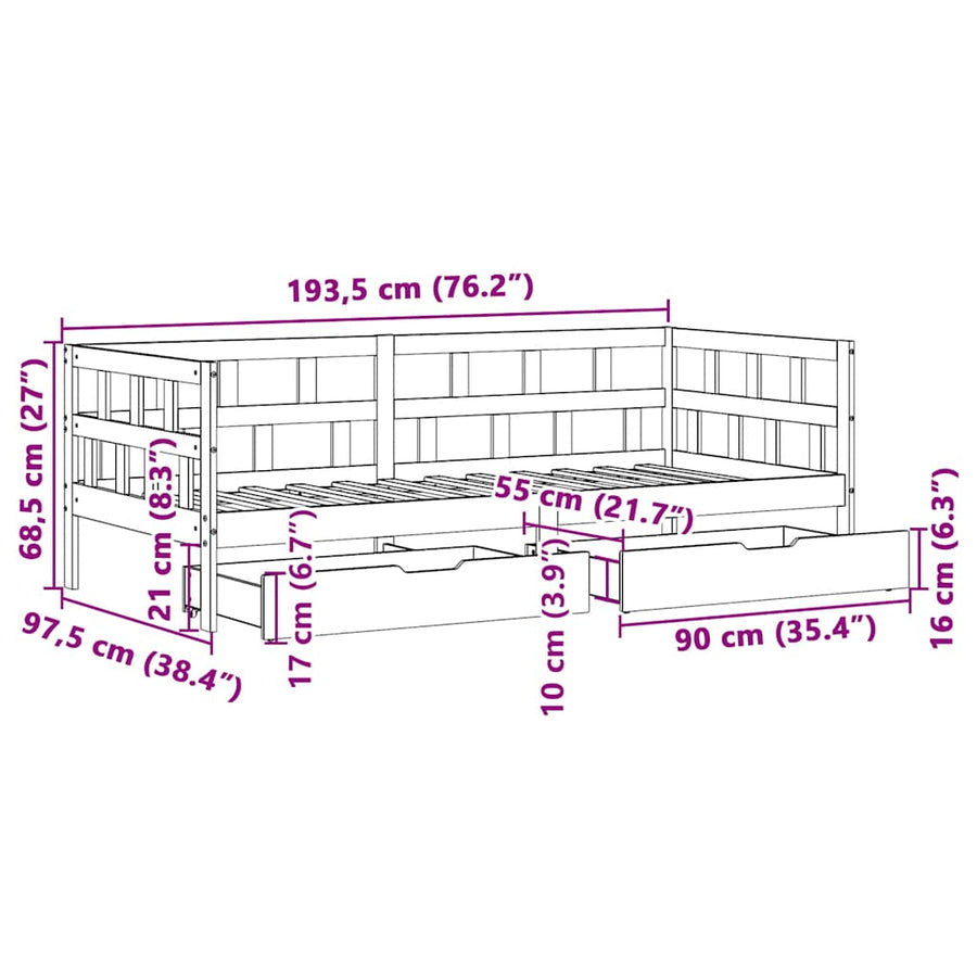 Slaapbank Met Lades Massief Grenenhout 90 x 190 cm Wit