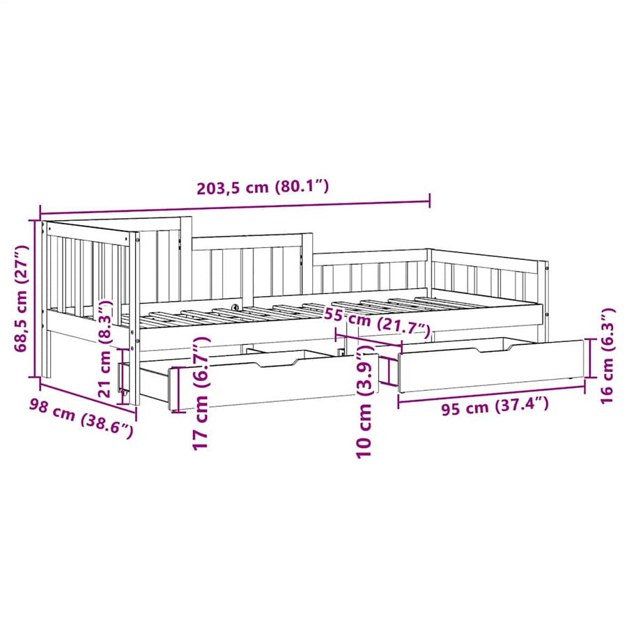 Slaapbank met lades 90x200 cm massief grenenhout wit