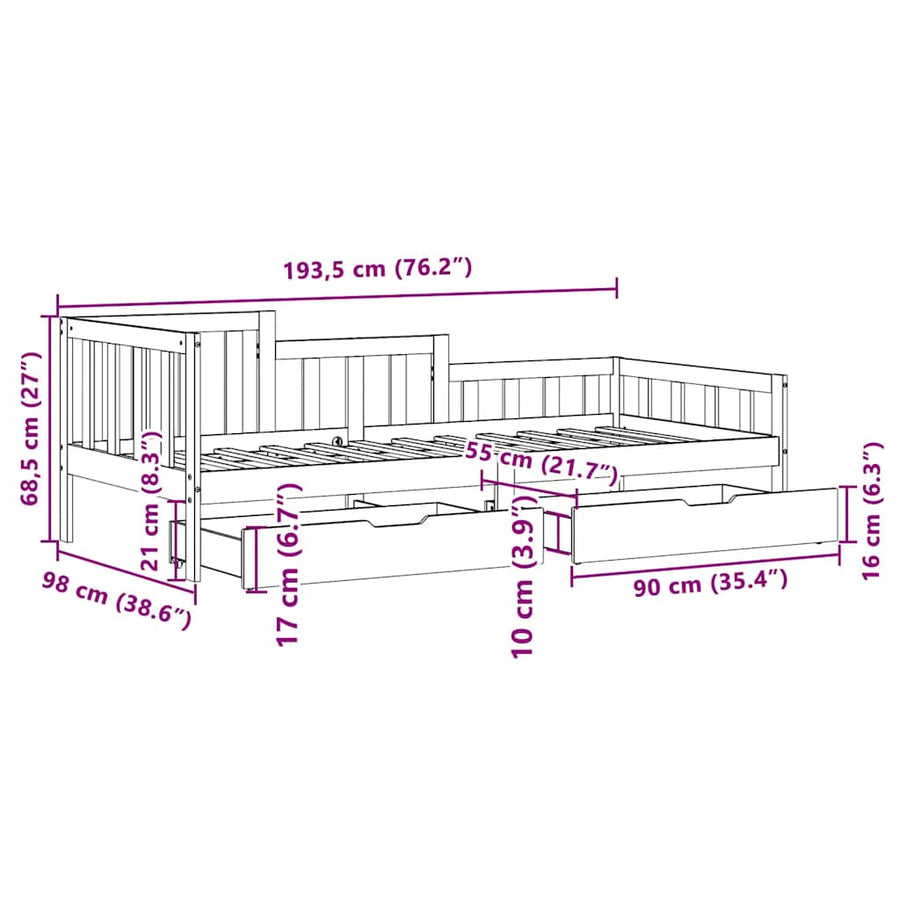 Slaapbank met lades 90x190 cm massief grenenhout