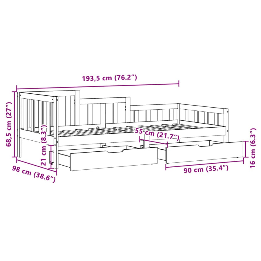 Slaapbank met lades 90x200 cm massief grenenhout wit