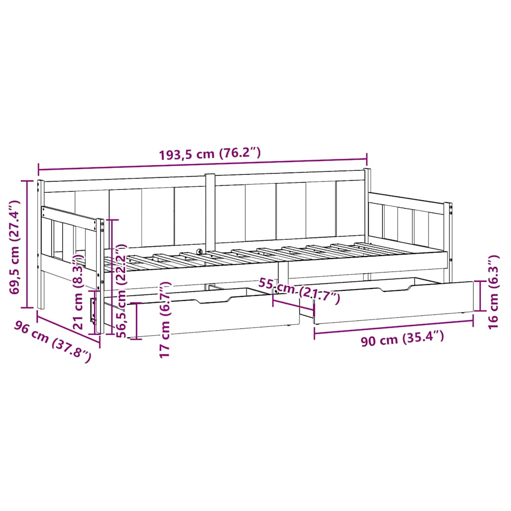 Slaapbank Met Lades Massief Grenenhout 90 x 190 cm