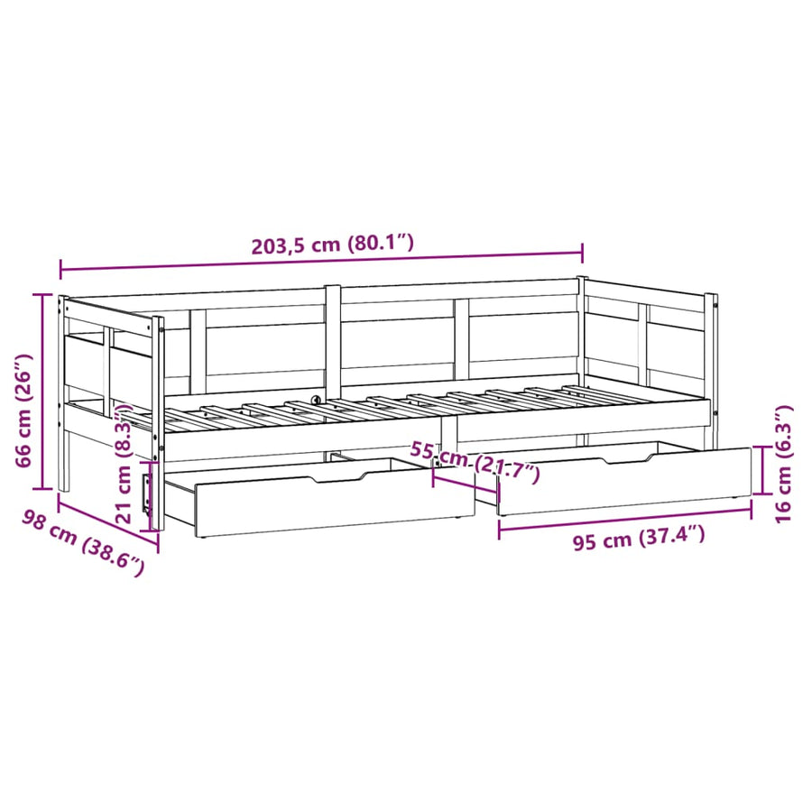 Slaapbank met lades 90x200 cm massief grenenhout wit