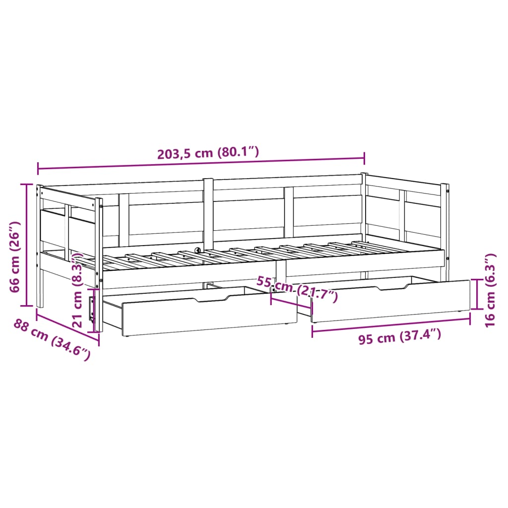 Slaapbank met lades 80x200 cm massief grenenhout wit