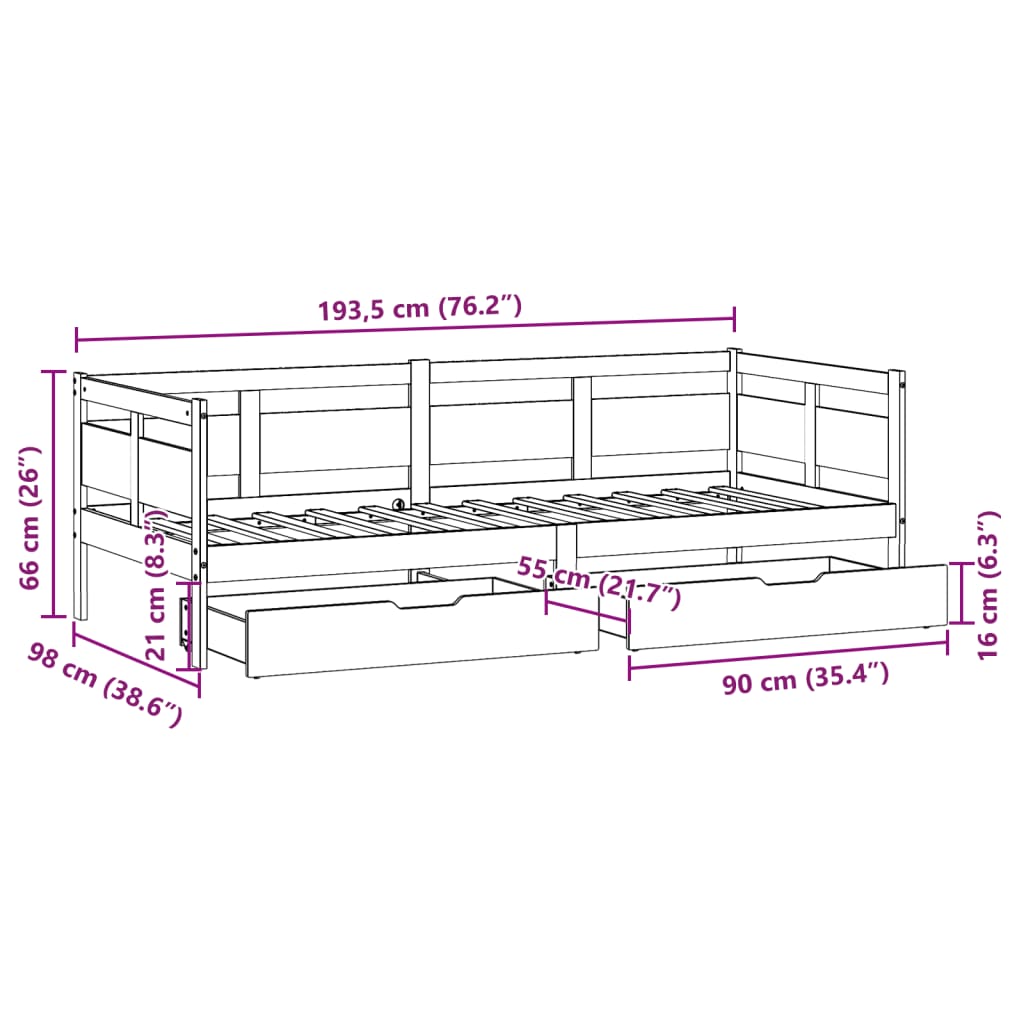Slaapbank met lades 90x190 cm massief grenenhout