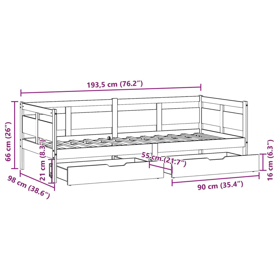 Slaapbank met lades 90x190 cm massief grenenhout wit