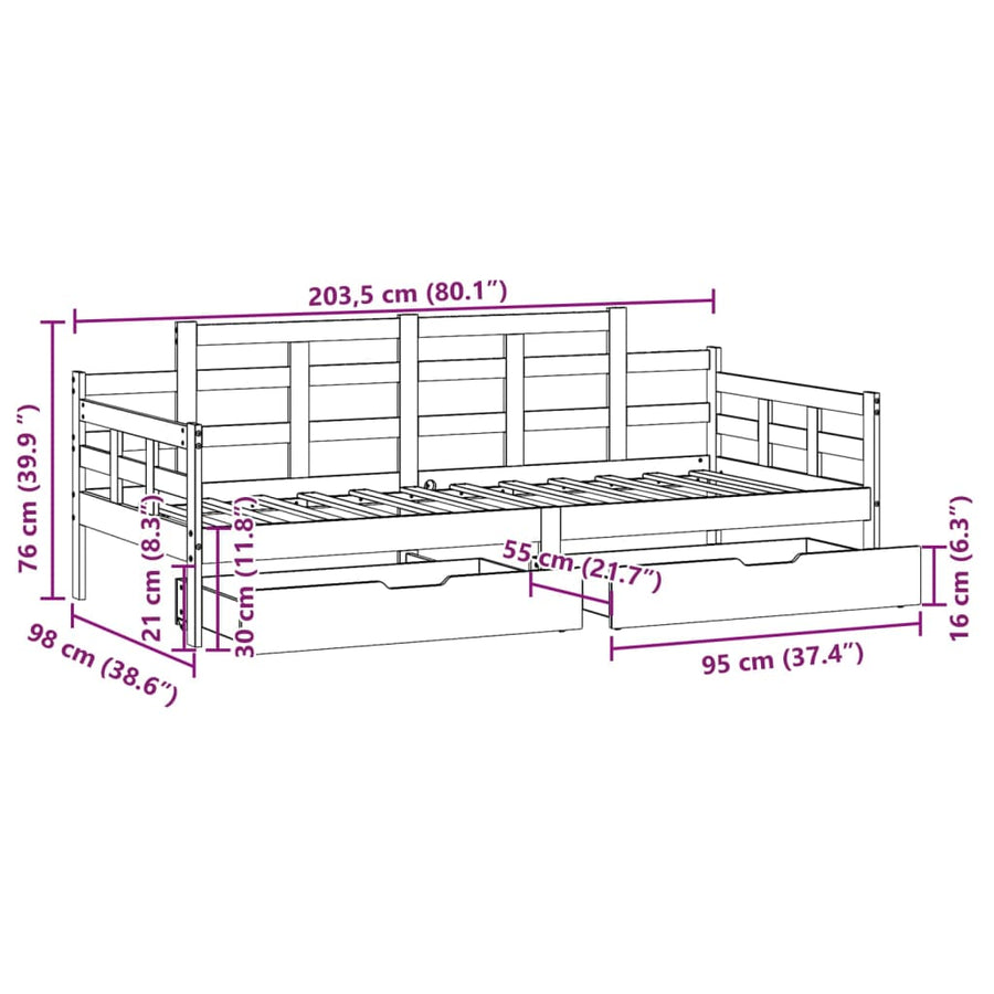 Slaapbank met lades 90x200 cm massief grenenhout wit