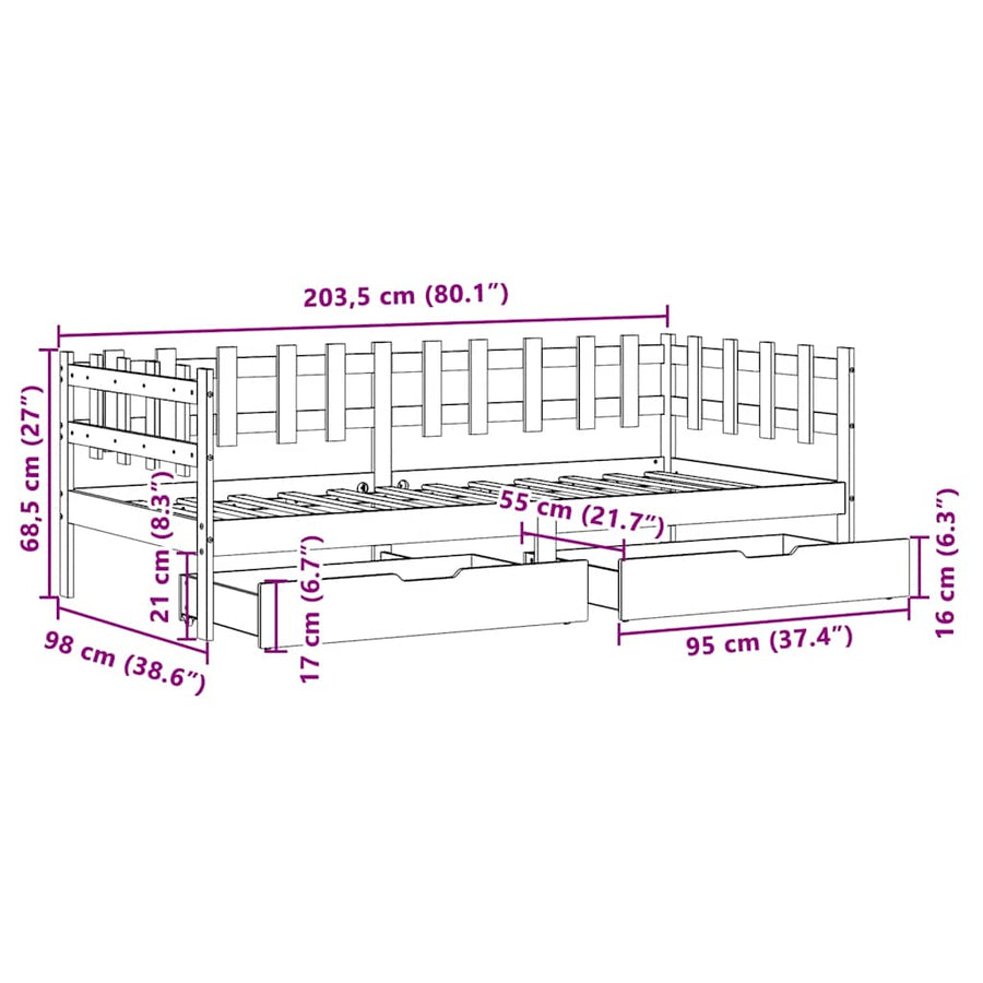 Slaapbank met lades 90x200 cm massief grenenhout wit