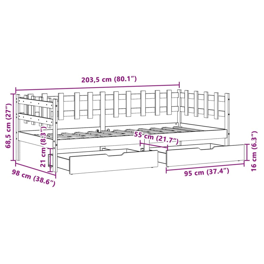 Slaapbank met lades 80x200 cm massief grenenhout wit