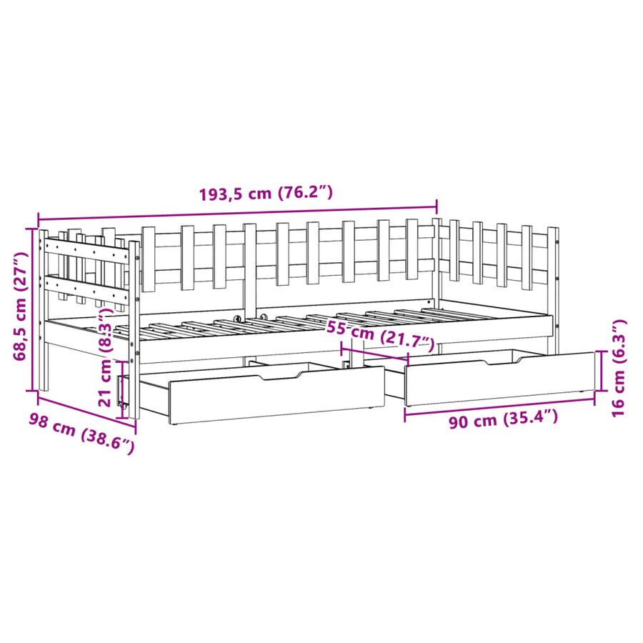 Slaapbank met lades 90x190 cm massief grenenhout wit