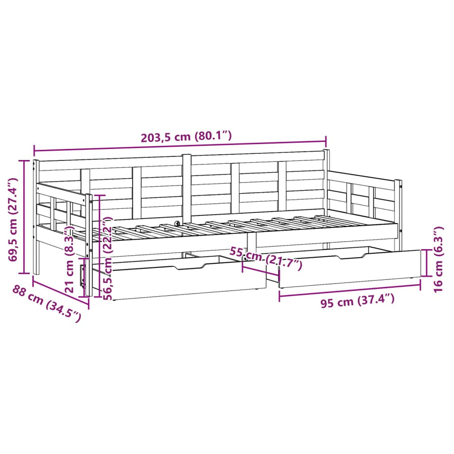 Slaapbank met lades 80x200 cm massief grenenhout wit