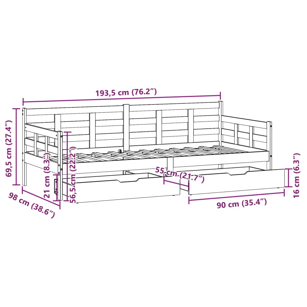 Slaapbank met lades 90x190 cm massief grenenhout