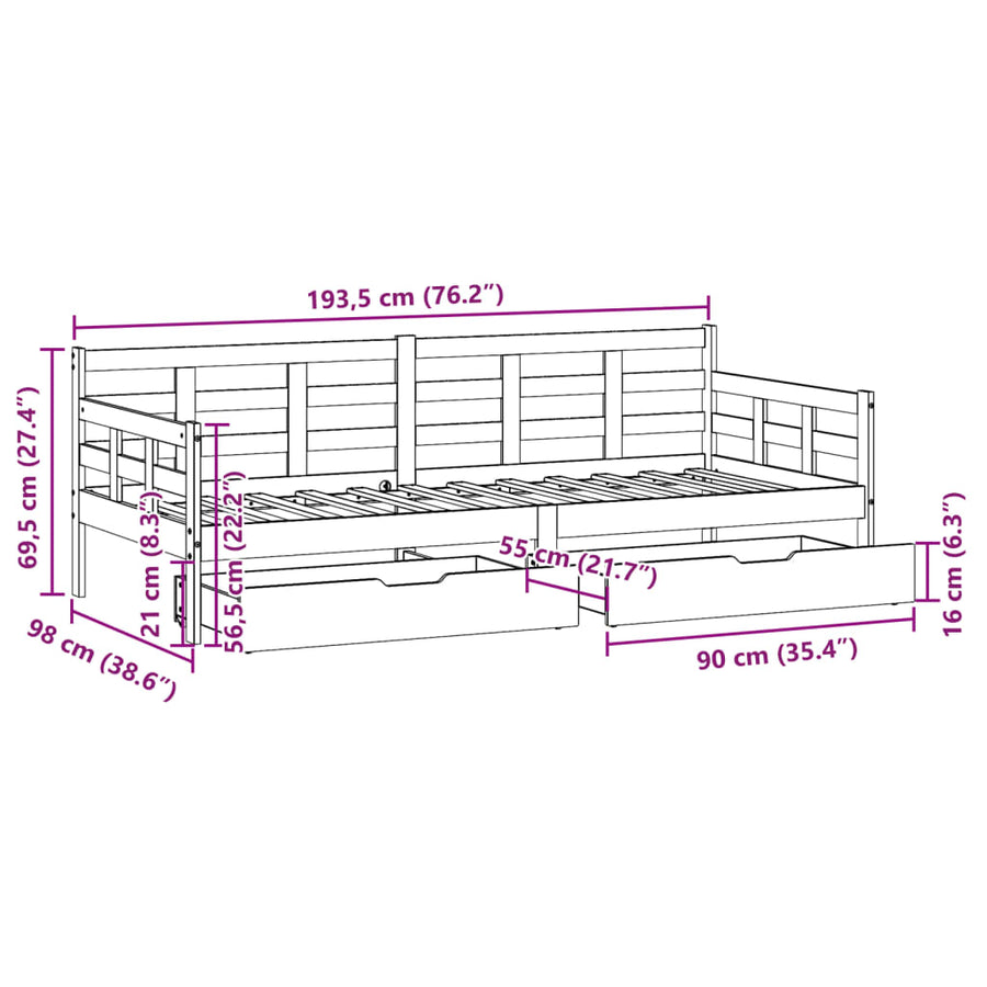 Slaapbank met lades 90x190 cm massief grenenhout wit