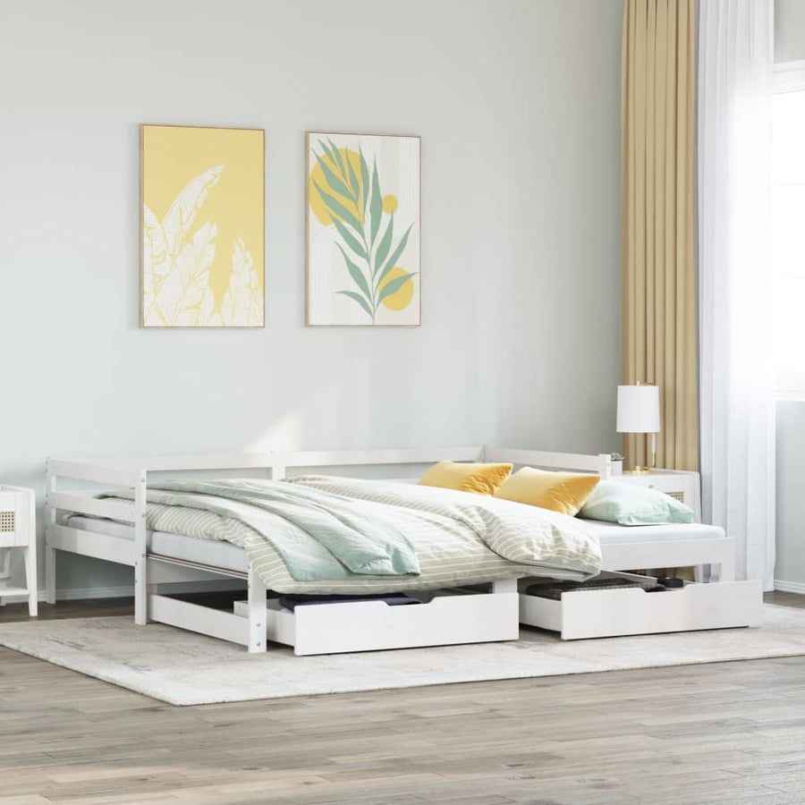 Slaapbank met onderschuifbed en lades 90x190 cm grenenhout wit