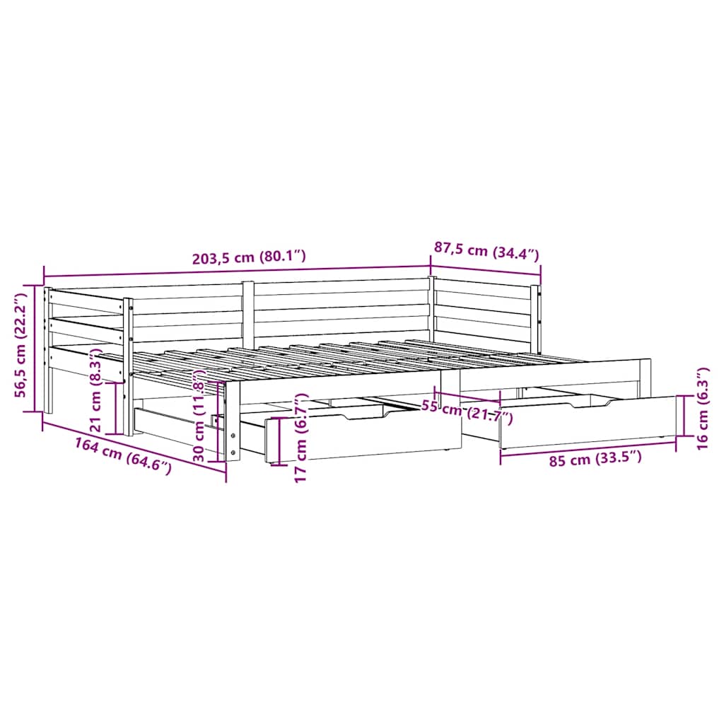 Slaapbank Met Onderschuifbed En Lades Zonder Matras 80X200 Cm