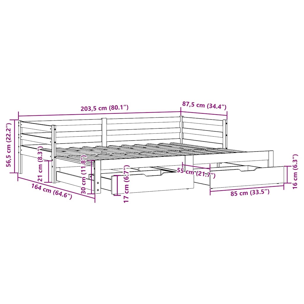 Slaapbank met onderschuifbed/lades zonder matras 80x200 cm wit