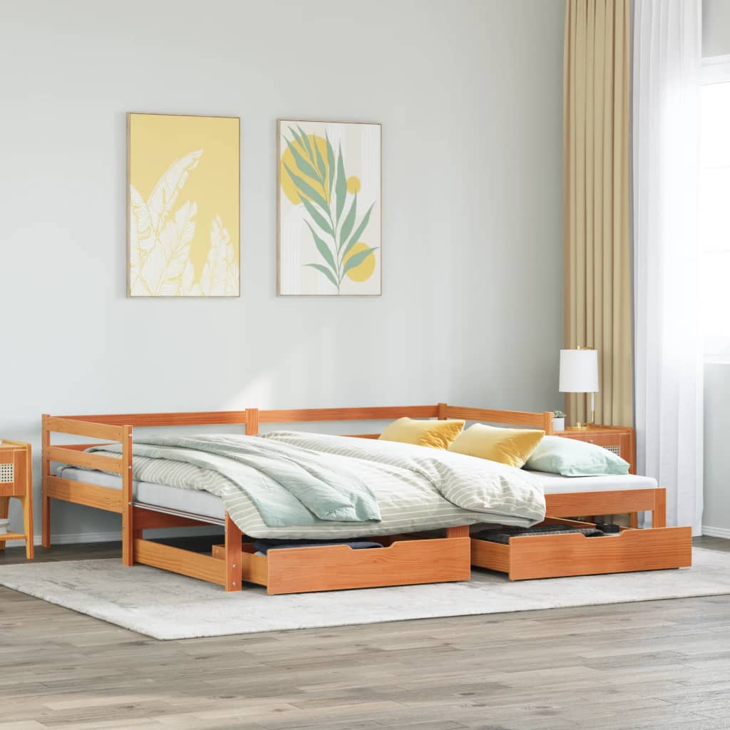Slaapbank onderschuifbed en lades 90x190 cm grenenhout wasbruin