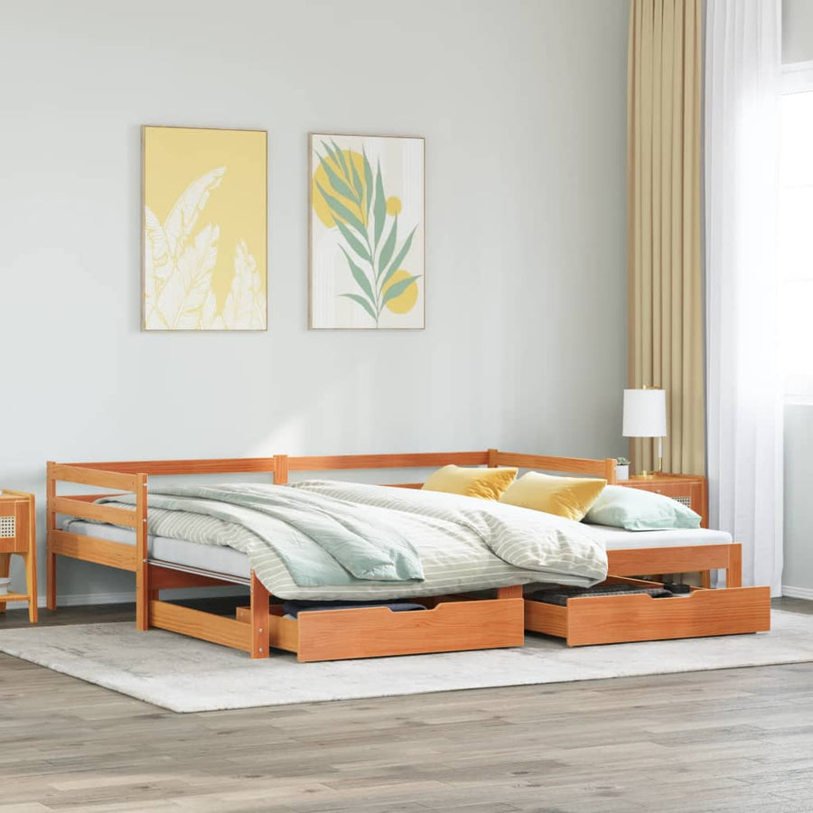 Slaapbank onderschuifbed en lades 90x190 cm grenenhout wasbruin