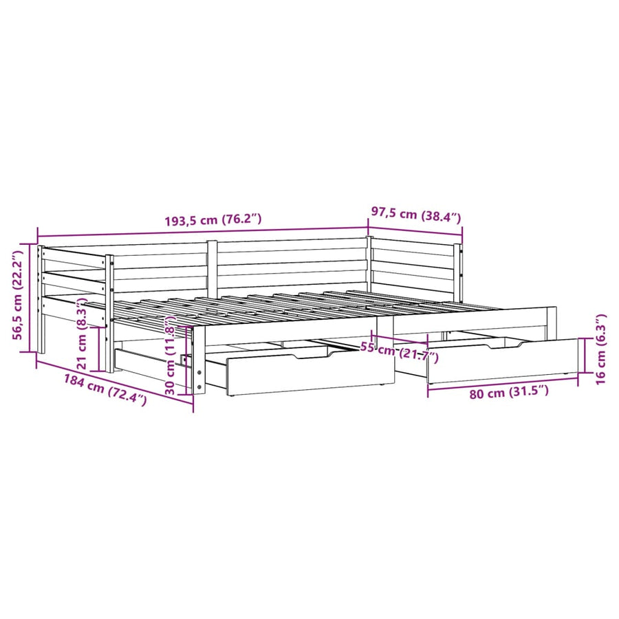 Slaapbank onderschuifbed en lades 90x190 cm grenenhout wasbruin